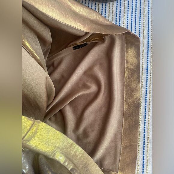 Norma Kamali TY Tie Front NK Metallic Gold Shirt Mini Dress Long Sleeve Sz Small - Picture 13 of 13